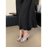 Glitter Sequin Ope Toe Platform Block Heel  Shoes